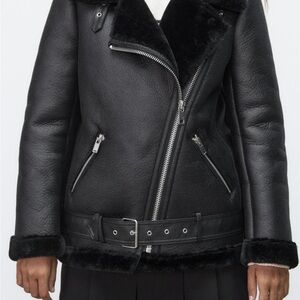 Zara Black Leather Jacket with Fur Trim